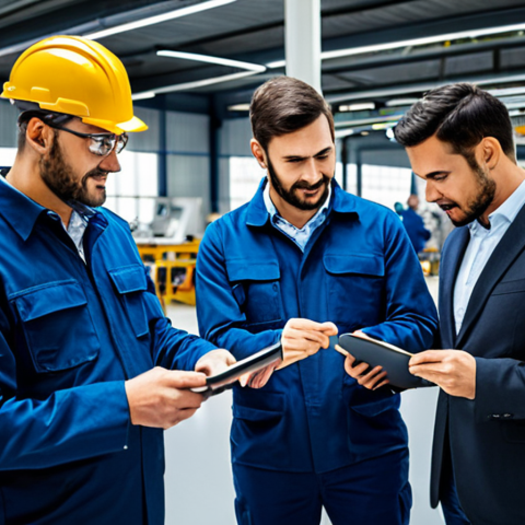 ** A diverse team of engineers collaborating on a factory floor, analyzing data displayed on tablets and large screens. Emphasize efficiency and organization. "Modern factory, industrial engineers, data analysis, teamwork, brightly lit, safe for work, professional environment, focus on process improvement, fully clothed, appropriate attire, perfect anatomy, natural proportions, high quality."
**