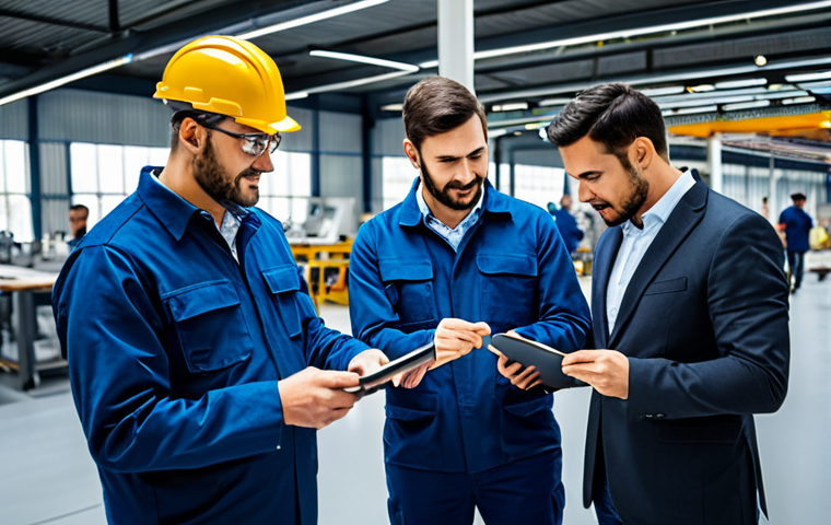 ** A diverse team of engineers collaborating on a factory floor, analyzing data displayed on tablets and large screens. Emphasize efficiency and organization. "Modern factory, industrial engineers, data analysis, teamwork, brightly lit, safe for work, professional environment, focus on process improvement, fully clothed, appropriate attire, perfect anatomy, natural proportions, high quality."
**