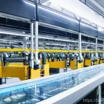 산업공학 글로벌 트렌드 - **Smart Factory: Automated Assembly Line**
"A vibrant and clean interior of a highly advanced sm...