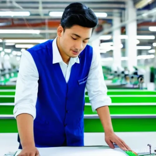 Home 26 산업공학과 환경 최적화 기술 - Green Garment Factory with Industrial Engineer overseeing Sustainable Production**
**Prompt:** A mo...