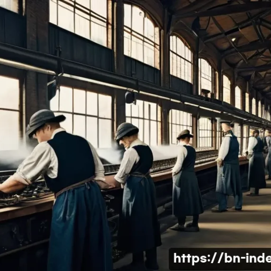 산업공학의 역사 - A bustling and intricate scene inside an early Industrial Revolution factory. The image focuses on t...
