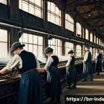 산업공학의 역사 - A bustling and intricate scene inside an early Industrial Revolution factory. The image focuses on t...