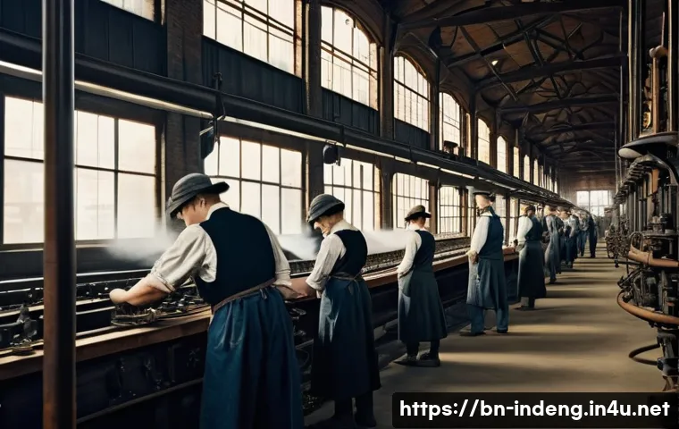 산업공학의 역사 - A bustling and intricate scene inside an early Industrial Revolution factory. The image focuses on t...