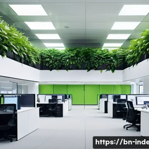 산업공학과 스마트 빌딩 - A modern smart office building interior showcasing advanced sensor technology: visible temperature, ...