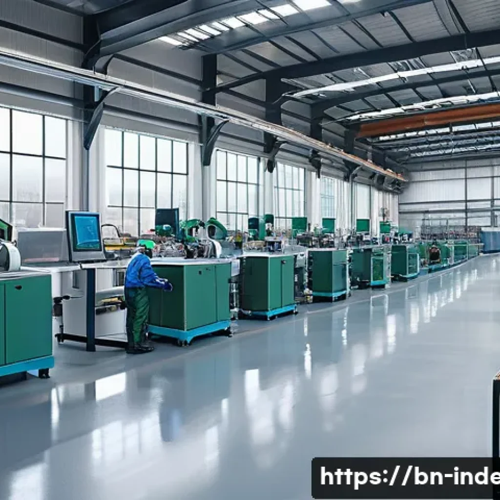 산업공학과 소셜 네트워크 분석 - A detailed modern industrial workspace showing a factory floor with optimized machine placement, fea...