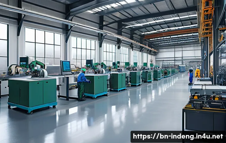 산업공학과 소셜 네트워크 분석 - A detailed modern industrial workspace showing a factory floor with optimized machine placement, fea...