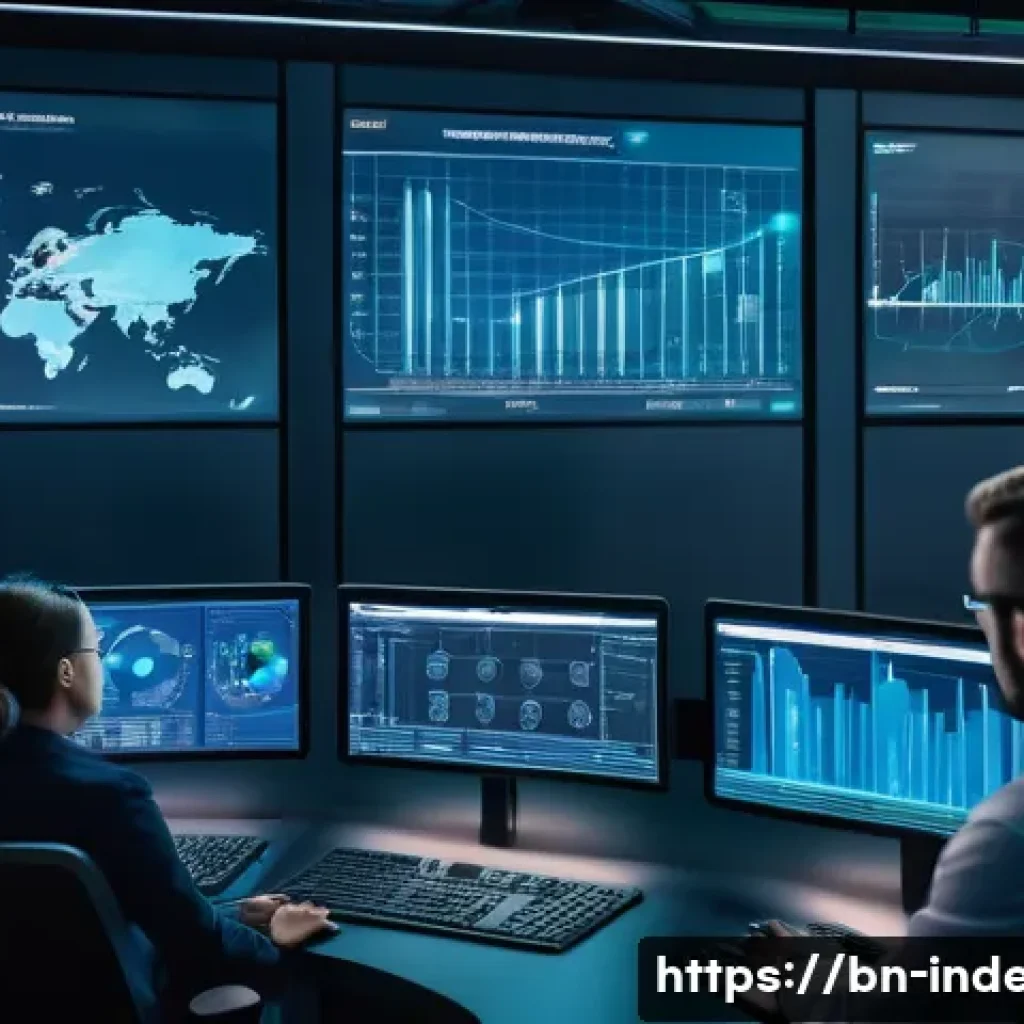 산업공학과 디지털 트윈 - A modern factory control room featuring large digital screens displaying real-time machine health da...