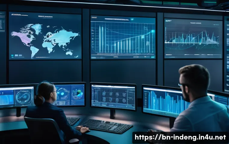 산업공학과 디지털 트윈 - A modern factory control room featuring large digital screens displaying real-time machine health da...