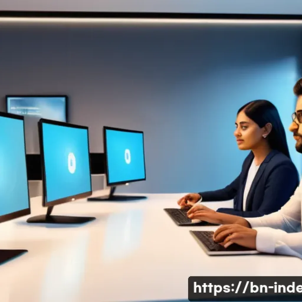 산업공학과 감성 공학 - A modern office setting showcasing a diverse group of Bengali professionals using advanced AI-powere...