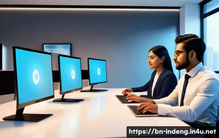 산업공학과 감성 공학 - A modern office setting showcasing a diverse group of Bengali professionals using advanced AI-powere...