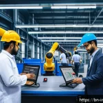 산업공학 최적화 기법 - A modern industrial factory scene showing a diverse team of Bengali engineers and technicians collab...
