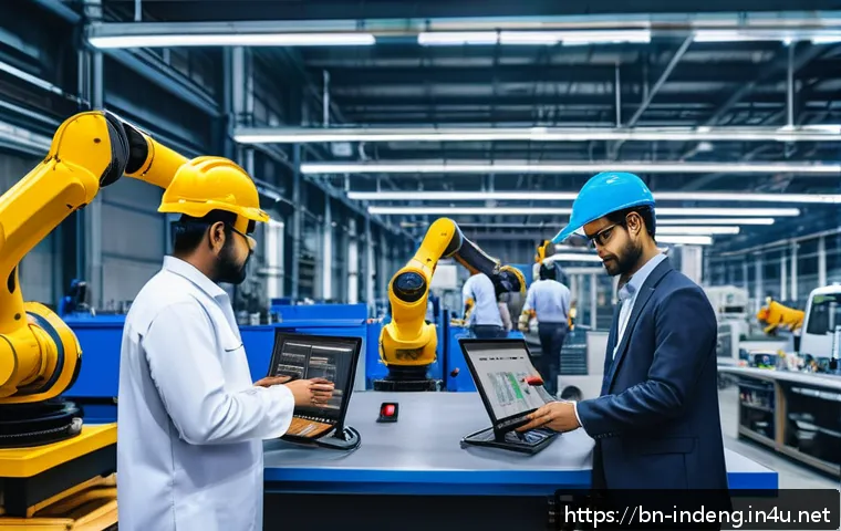 산업공학 최적화 기법 - A modern industrial factory scene showing a diverse team of Bengali engineers and technicians collab...