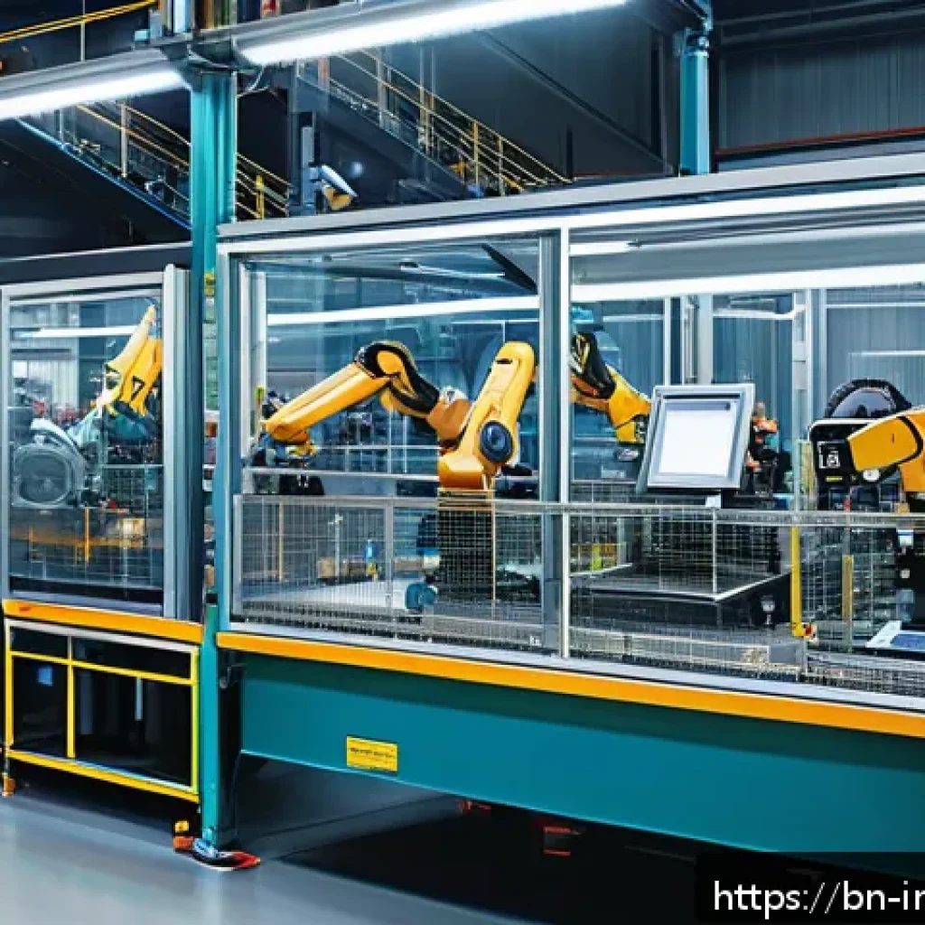 산업공학과 품질경영 - A modern industrial factory interior showcasing advanced automation technology, featuring robotic ar...