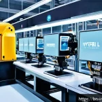 산업공학과 첨단 제조기술 - A modern industrial factory scene showcasing advanced automation technology in action: sleek robotic...