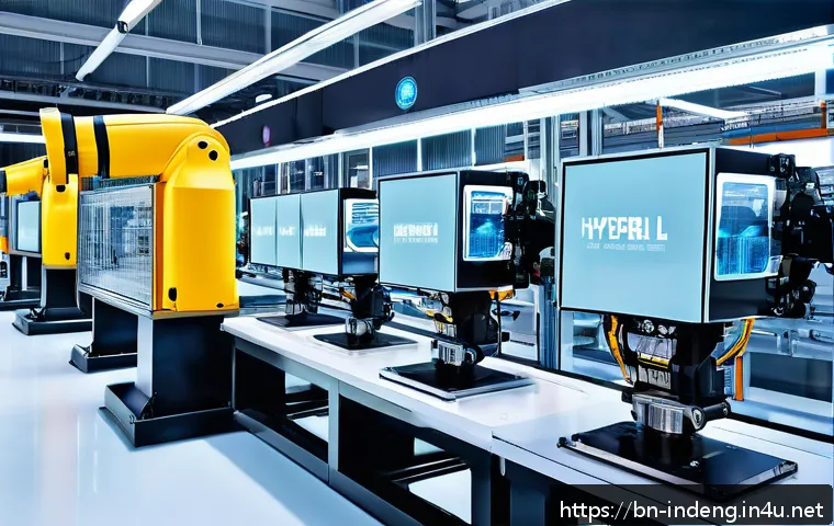 산업공학과 첨단 제조기술 - A modern industrial factory scene showcasing advanced automation technology in action: sleek robotic...