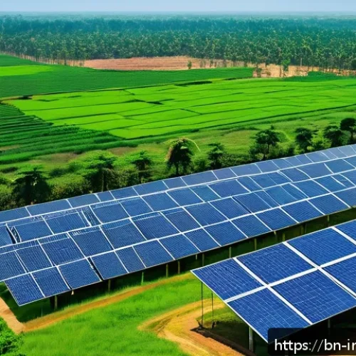 산업공학과 클린 에너지 시스템 - A vibrant and detailed scene showcasing a modern renewable energy park in rural Bangladesh, featurin...