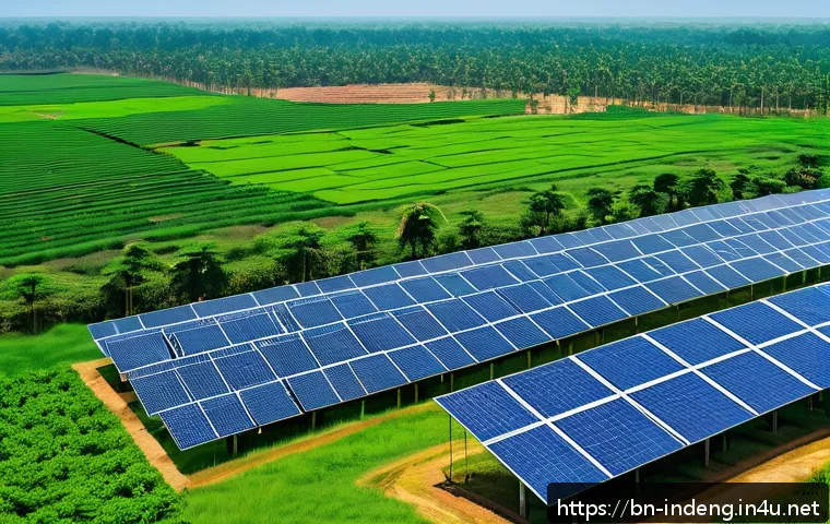 산업공학과 클린 에너지 시스템 - A vibrant and detailed scene showcasing a modern renewable energy park in rural Bangladesh, featurin...