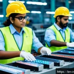 산업공학과 웨어러블 기술 - A modern Bengali factory interior bustling with workers wearing smart wearable devices such as smart...