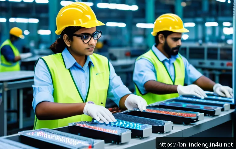 산업공학과 웨어러블 기술 - A modern Bengali factory interior bustling with workers wearing smart wearable devices such as smart...