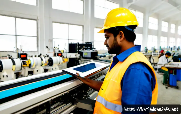 산업공학 머신러닝 적용 사례 - Photorealistic modern garment factory in Bangladesh, South Asian industrial engineer wearing a safet...